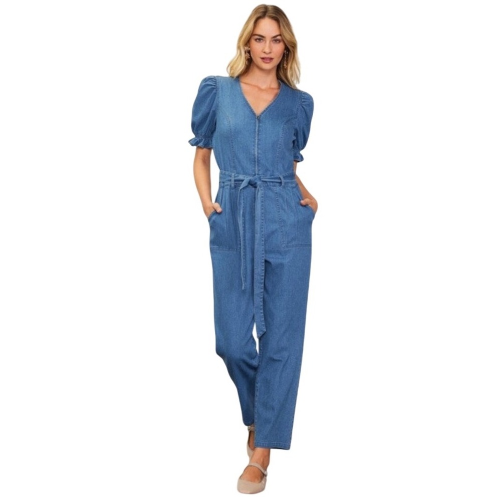 Skies Are Blue Chambray Denim Jumpsuit 👖💙 Puff Sleeves | Tie Waist | Zip Front